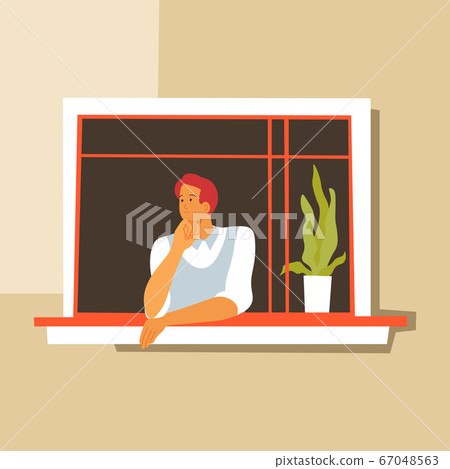 Thoughtful man looking out of window, pensive character 67048563