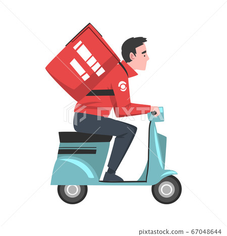 Male Courier Riding Scooter with Red Parcel Box on his Back, Delivery Food Service, Fast Shipping Cartoon Vector Illustration Male Courier Riding Scooter with Red Parcel Box on his Back, Delivery Food Service, Fast Shipping Cartoon Vector Illustration 67048644