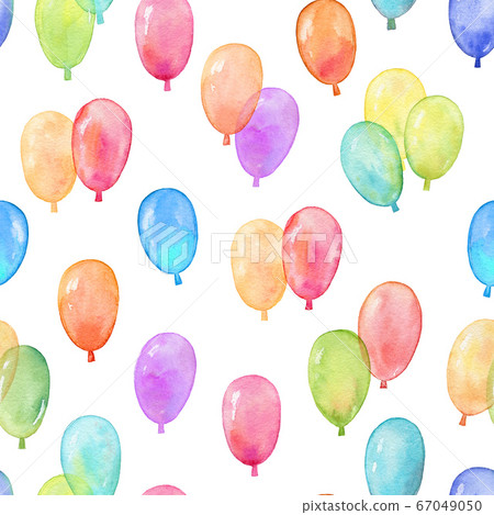 Watercolor seamless pattern with helium balloons on white background. Watercolor flying balloons seamless pattern Watercolor seamless pattern with helium balloons on white background. Watercolor flying balloons seamless pattern 67049050