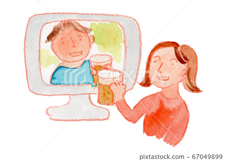 Online drinking party men and women watercolor 67049899