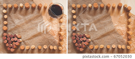 Red wine cork heart, white and craft paper sheets. Frame with copy space for text. Red wine cork heart, white and craft paper sheets. Frame with copy space for text. 67052030