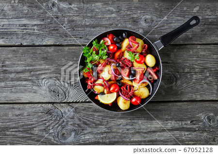 Young potato and baby octopus salad, copy space Young potato and baby octopus salad, copy space 67052128