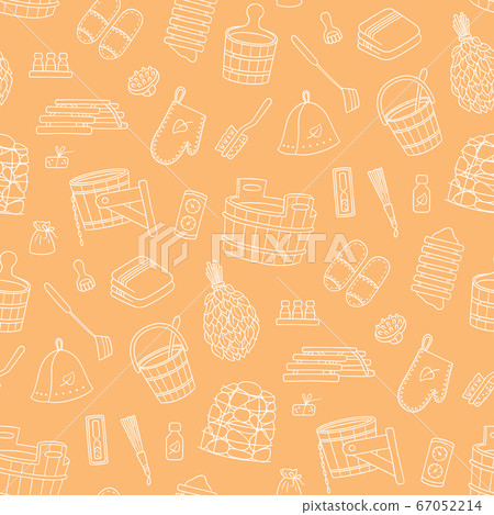 Sauna and Bathhouse accessories. Hand drawn seamless pattern. Sauna and Bathhouse accessories. Hand drawn seamless pattern. 67052214