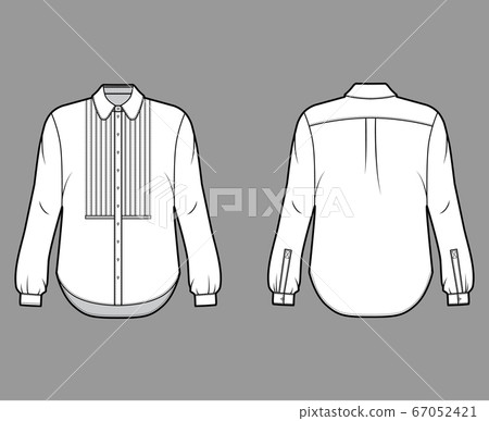 Shirt technical fashion illustration with bib button down front opening, round collar, long sleeves with cuff, oversized 67052421