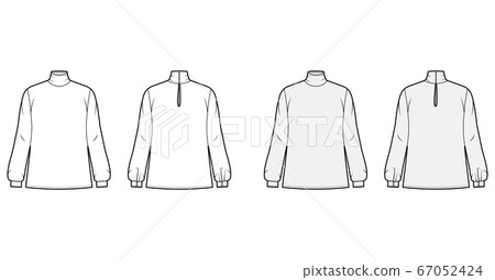 Turtleneck blouse technical fashion illustration with long sleeves and cuff, oversized, button fastening keyhole at back Turtleneck blouse technical fashion illustration with long sleeves and cuff, oversized, button fastening keyhole at back 67052424
