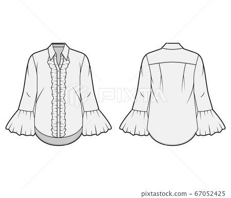 Ruffled shirt technical fashion illustration with sharp collar, voluminous fluted cuffs, long sleeves, oversized body Ruffled shirt technical fashion illustration with sharp collar, voluminous fluted cuffs, long sleeves, oversized body 67052425