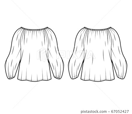 Shirt technical fashion illustration with oversized body, concealed button fastenings along front, delicate ruffles Shirt technical fashion illustration with oversized body, concealed button fastenings along front, delicate ruffles 67052427