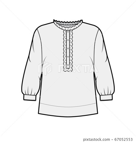 Shirt technical fashion illustration with oversized body, concealed button fastenings along front, delicate ruffles 67052553