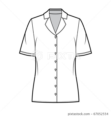Pajama style blouse technical fashion illustration with notched lapel collar, short sleeves, loose fit body. 67052554