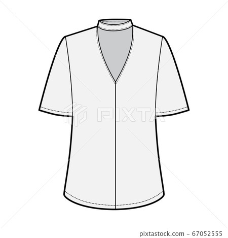 Blouse technical fashion illustration with short bell sleeves, cuff, oversized body, snap fastening choker at the neck 67052555