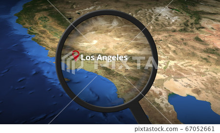 Magnifying glass finds Los angeles city on the map, 3d rendering 67052661
