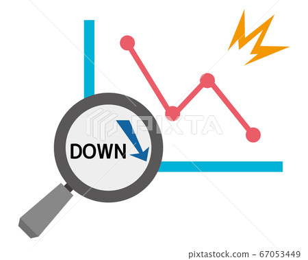 Vector illustration magnifying the graph with a magnifying glass Loupe icon arrow Stock price drop Business 67053449