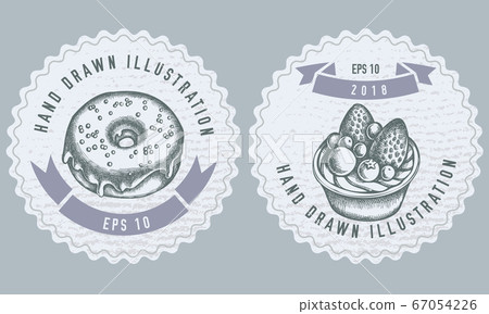 Monochrome labels design with illustration of donut, tartlet Monochrome labels design with illustration of donut, tartlet 67054226