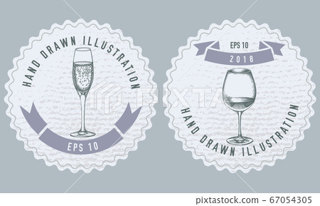 Monochrome labels design with illustration of glass of champagne, glass of wine 67054305