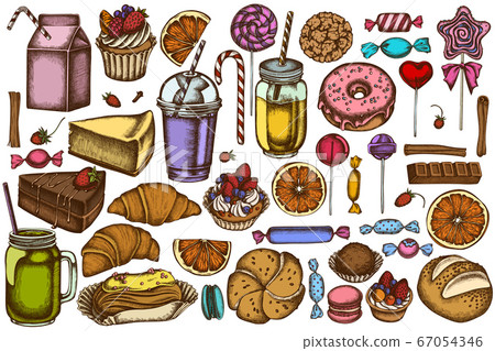 Vector set of hand drawn colored cinnamon, macaron, lollipop, bar, candies, oranges, buns and bread, croissants and bread, strawberry, milk boxes, smoothie cup, lollipop, smothie jars, cheesecake 67054346
