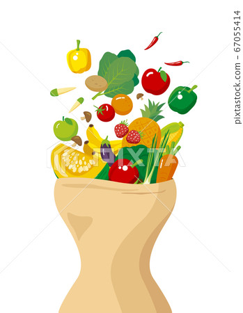 Vegetables and fruits with paper bag of body shape 67055414