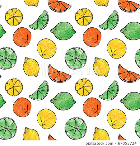 Fresh colorful summer crayon hand drawn citrus orange lemon lime fruit candy gelatine seamless pattern illustration background. Good for gift wrapping paper, decoupage hand-made, textile, cards. Fresh colorful summer crayon hand drawn citrus orange lemon lime fruit candy gelatine seamless pattern illustration background. Good for gift wrapping paper, decoupage hand-made, textile, cards. 67055724