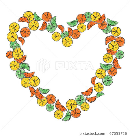 Fresh summer crayon hand drawn citrus fruit candy romantic Valentine's day border heart frame ring illustration. Good for poster, greeting or business card. With free blank copy space for text. 67055726