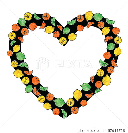 Fresh summer crayon hand drawn citrus fruit candy romantic Valentine's day border heart frame ring illustration. Good for poster, greeting or business card. With free blank copy space for text. 67055728