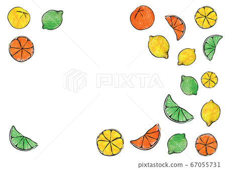 Fresh summer crayon hand drawn citrus orange lemon lime fruit candy gelatin border frame ornament illustration. A4 A3 international paper slide poster card with free blank copy space for text. 67055731