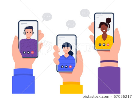 Hands hold smartphones with video calls. - Stock Illustration [67056217 ...