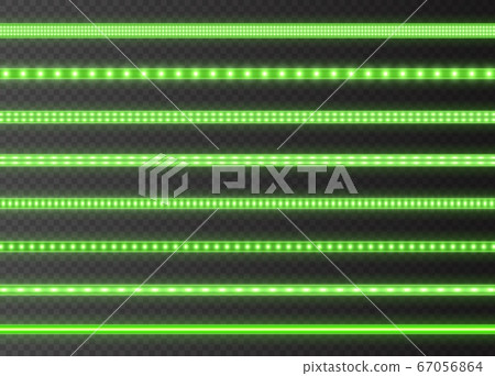 Green LED strips collection, bright luminous ribbons isolated on a transparent background. Realistic neon garlands. 67056864