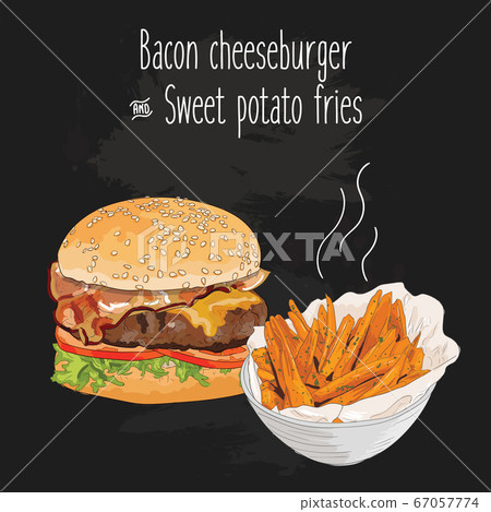 Hand drawn colorful bacon cheeseburger and sweet potato fries Hand drawn colorful bacon cheeseburger and sweet potato fries 67057774