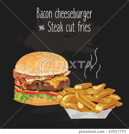 Hand drawn colorful vegetarian burger and steak cut fries Hand drawn colorful vegetarian burger and steak cut fries 67057775