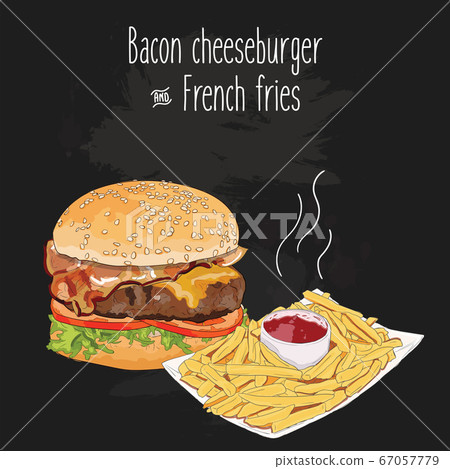 Hand drawn colorful bacon cheeseburger and french fries with ketchup Hand drawn colorful bacon cheeseburger and french fries with ketchup 67057779