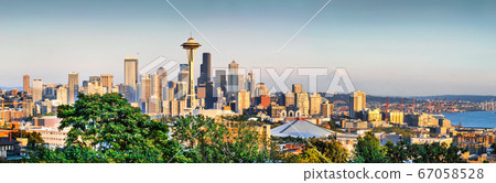 Seattle skyline panorama at sunset, Washington State, USA 67058528