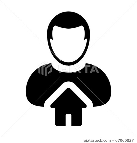 Home icon vector with person profile avatar user male symbol in a flat color glyph .pictogram illustration Home icon vector with person profile avatar user male symbol in a flat color glyph .pictogram illustration 67060827