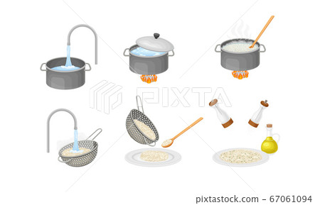 Cooking Rice Process with Head Rice Washing and Poaching on Burner Vector Set 67061094