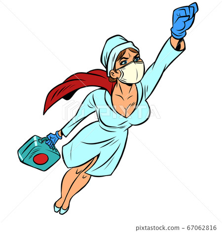 super hero nurse flying with a vaccine against the virus 67062816