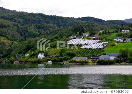 Norway Hardanger Fjord, Ulvik district View of the water surface and idyllic buildings west of the hotel 67063602