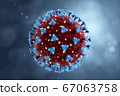 Coronavirus illustration. New deadly disease-causing viruses such as COVID-19 or SARS (Severe acute respiratory syndrome). Virus in a microscope close up. 3D rendering  67063758