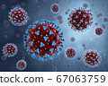 Coronavirus illustration. New deadly disease-causing viruses such as COVID-19 or SARS (Severe acute respiratory syndrome). Virus in a microscope close up. 3D rendering  67063759