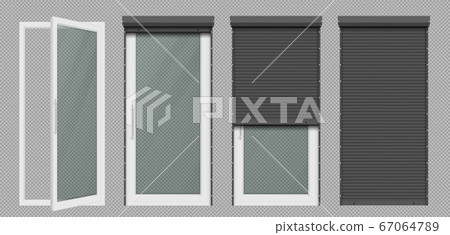 Glass door or window with white rolling shutter Glass door or window with white rolling shutter 67064789