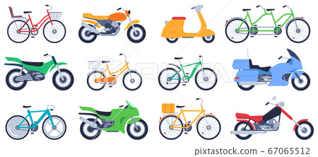 Flat motorbikes. Motorcycles, bikes and scooters, speed bicycle for delivery product, travel on vehicle, sports motocross vector set 67065512