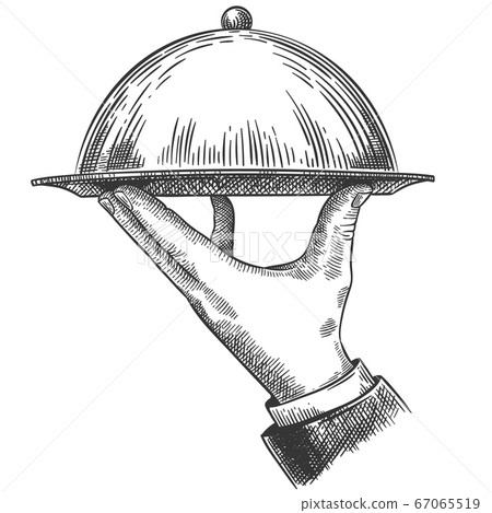 Hand holding tray with lid. Engraved retro restaurant service, brunch or dinner dishes on tray sketch vector illustration Hand holding tray with lid. Engraved retro restaurant service, brunch or dinner dishes on tray sketch vector illustration 67065519