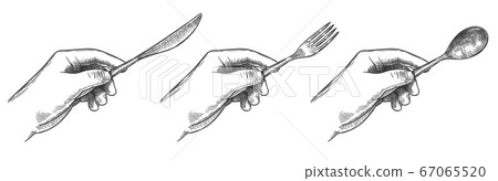 Engraved hands holding cutlery. Hold in hand table knife, spoon and fork for eating food hand drawn vector illustration set Engraved hands holding cutlery. Hold in hand table knife, spoon and fork for eating food hand drawn vector illustration set 67065520