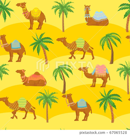 Seamless camel pattern. Cute cartoon camels in desert among sand dunes and palm trees. Egyption tribal vector wallpaper texture Seamless camel pattern. Cute cartoon camels in desert among sand dunes and palm trees. Egyption tribal vector wallpaper texture 67065528