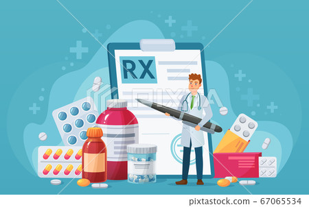 Rx medical prescription. Doctor writes signature in recipe, disease therapy pills, painkiller drugs. Pharmacy control vector concept 67065534