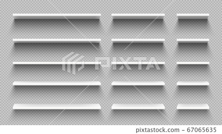 Realistic white empty shelves with shadow isolated on transparent wall background. Modern 3d furniture Realistic white empty shelves with shadow isolated on transparent wall background. Modern 3d furniture 67065635