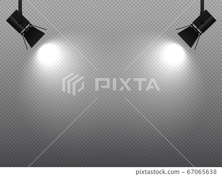 Spotlight shining with white light on corners. Projector or flood lamp shining bright, illumination effect Spotlight shining with white light on corners. Projector or flood lamp shining bright, illumination effect 67065638
