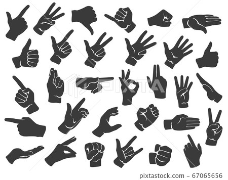 Hand gesture silhouette icons. Man hands gestures, pointing finger and thumbs up like icon stencil vector set Hand gesture silhouette icons. Man hands gestures, pointing finger and thumbs up like icon stencil vector set 67065656