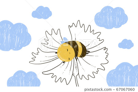Hand drawn cute Honey Bee sleep in outline flower with clouds. 67067060