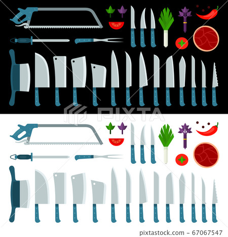 Set of knives. on light background. Chef's knife, santoku, bread knife, meat cleaver, chinese shopper, steak and butcher knife. Kitchen accessories isolated Vector illustration. Isolated on white and 67067547
