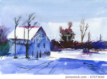 Watercolor illustration of a winter landscape... - Stock Illustration ...