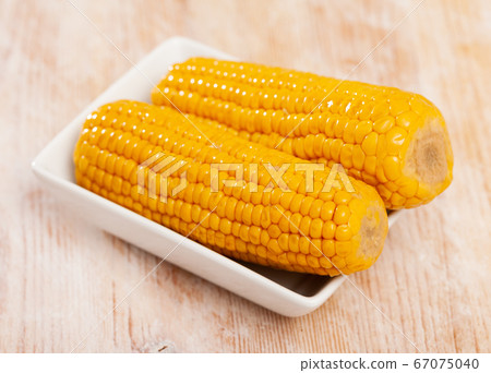 Two cooked corncobs in bowl Two cooked corncobs in bowl 67075040
