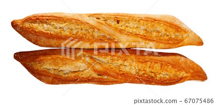 Closeup of crunchy french baked baguettes, bakery products Closeup of crunchy french baked baguettes, bakery products 67075486
